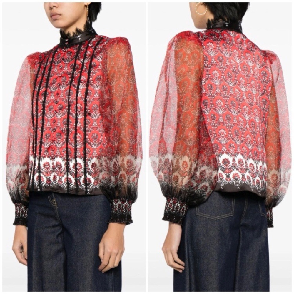 $440 NWT Alice + Olivia Bettina Boho Medallion Print Blouson Sleeve Shirt Top L